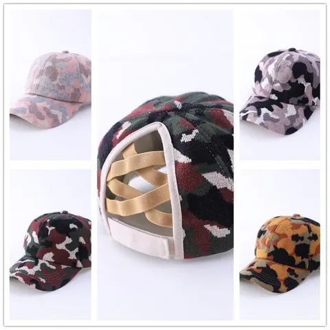Women's Winter Camouflage Knitted Baseball Cap With Criss-Cross Ponytail Hole Warm Windproof Adjustable Outdoor Sport Sun Hat