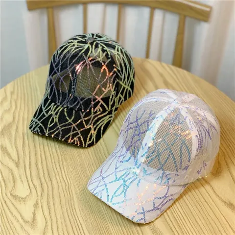 Fashion Women Sequined Mesh Baseball Cap Breathable Hollow Out Shiny Colorful Sequins Summer Sun Protection Streetwear Trucker Hat