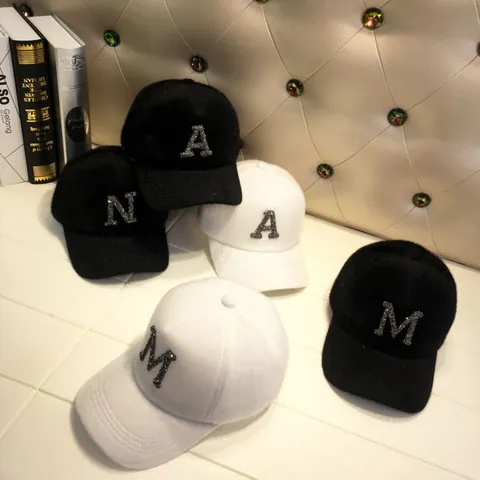 Warm Mohair Baseball Cap For Women Kids Rhinestone Alphabet Embroidered Winter Hat Adjustable Fashion Curved Brim Sun Hat