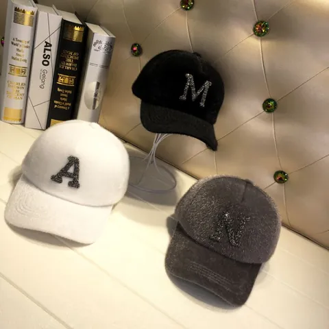 Warm Mohair Baseball Cap For Women Kids Rhinestone Alphabet Embroidered Winter Hat Adjustable Fashion Curved Brim Sun Hat