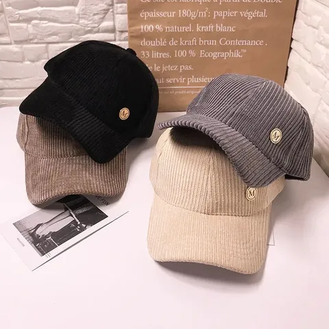 Berretto da Baseball Vintage in Velluto a Coste per Donna Uomo Etichetta in Metallo M Autunno Inverno Caldo Regolabile