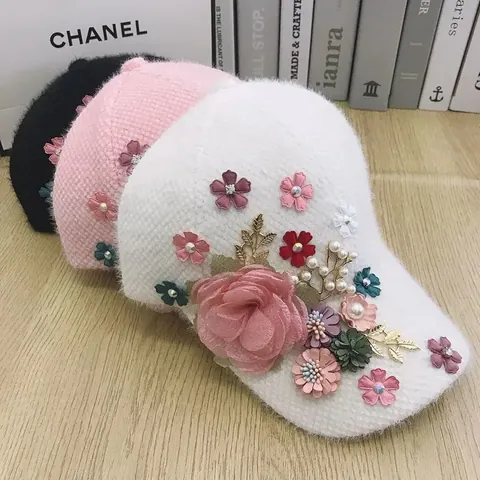 Women's Winter Warm Plush Baseball Cap Faux Mink Fur Rhinestone Artificial Pearl 3D Flower Adjustable Korean Fashion Duck Tongue Hat