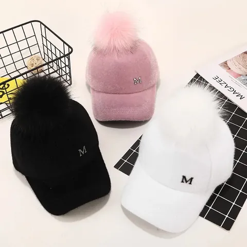 Women Kids Winter Warm Faux Fur Pom Pom Baseball Cap With Metal Letter M Decoration Thick Plush Adjustable Parent-Child Hat