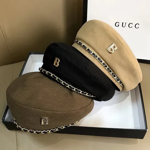 Vintage Britischer Stil Baskenmütze Für Damen Mit B Buchstaben Logo Metallkette Dekor Mode Polyester Baumwolle Maler Hut Täglich Streetwear Kopfbedeckung