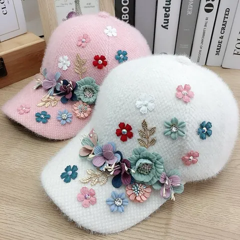 Women's Winter Warm Plush Baseball Cap Faux Mink Fur Rhinestone Artificial Pearl 3D Flower Adjustable Korean Fashion Duck Tongue Hat