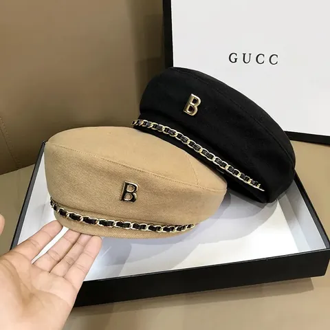 Vintage Britischer Stil Baskenmütze Für Damen Mit B Buchstaben Logo Metallkette Dekor Mode Polyester Baumwolle Maler Hut Täglich Streetwear Kopfbedeckung