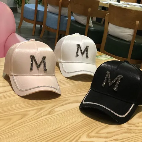 Women Fashion Satin Baseball Cap Bling Rhinestone Letter M R Adjustable Shiny Sun Hat Outdoor Casual Luxury Hat