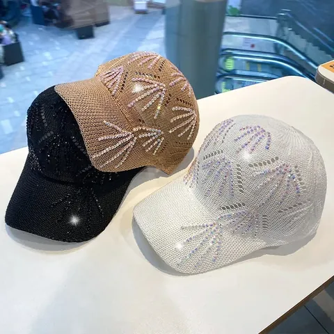 Women Knitted Hollow Breathable Baseball Cap Shiny Rhinestones Fashion Mesh Summer Sun Protection Adjustable Casual Hat