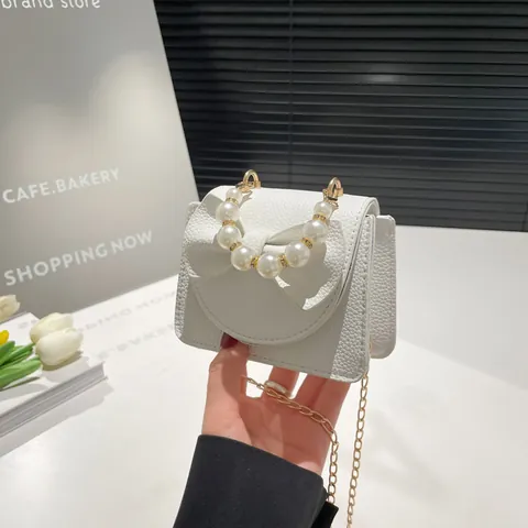 Mini Bowknot Crossbody Bag For Women Kids Artificial Pearl Handle Lychee Pattern PU Leather Chain Shoulder Bag Elegant Princess Handbag