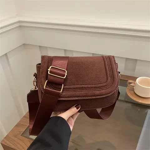 Women Fashion Suede PU Leather Crossbody Bag Small Square Shoulder Bag With U-Shaped Stitching Wide Strap Gold Hardware