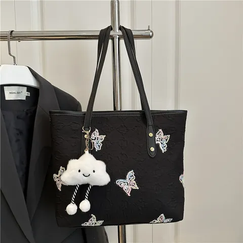 Borsa Tote da Donna Ricamata con Farfalle con Ciondolo a Nuvola in Peluche Tessuto Jacquard Borsa a Spalla Grande Capacità