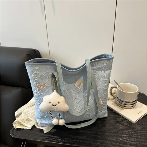 Borsa Tote da Donna Ricamata con Farfalle con Ciondolo a Nuvola in Peluche Tessuto Jacquard Borsa a Spalla Grande Capacità