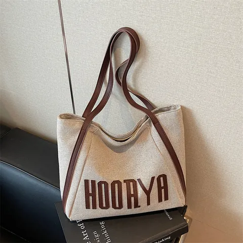Large Capacity Women Canvas Tote Bag Commuter Shoulder Bag PU Leather Strap Letter Print Casual Chic University Student Bag