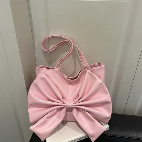 Grand Sac Tote pour Femmes avec Nœud Papillon en Cuir PU Sac à Épaule Style Coréen Élégant Argent Métallique Rose Mode