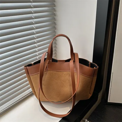 Bolso Tote de Bloques de Color Para Mujer Gran Capacidad Cuero PU Gamuza Empalme Bolso de Mano Con Bolsa Interior Casual