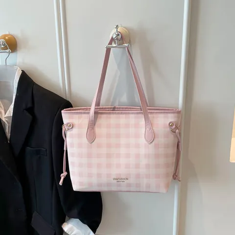 Damen Große Kapazität Karomuster Shopper PU Leder Plaid Schultertasche Pendler Büro Student Einfache Stilvolle Handtasche