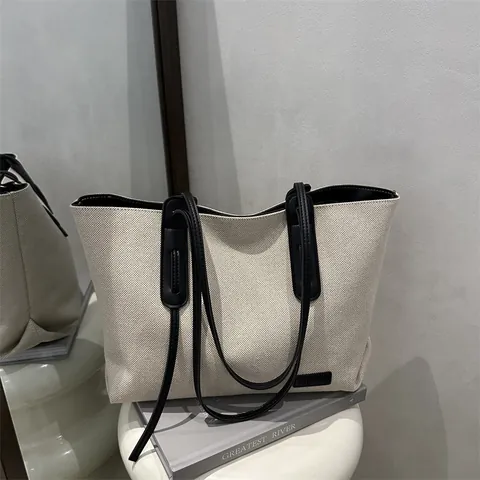 Damen Tragetasche Mit Großer Kapazität Lässige Segeltuch Schultertasche Mit Kunstledergriff Mode Pendeln Handtasche