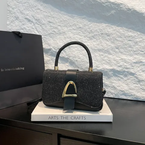 Borsa a Tracolla Piccola Quadrata in Pelle PU con Paillettes e Cuciture a Contrasto Fibbia a D in Metallo Dorato Elegante Borsa a Mano da Donna