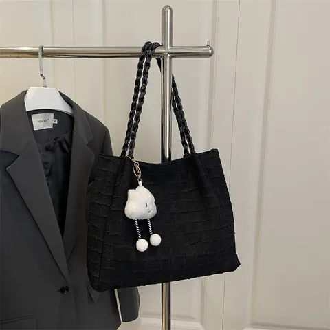 Sac Cabas Femme Grande Capacité en Tissu Texturé Minimaliste à Carreaux Avec Bandoulière Tressée et Pendentif Nuage Sac à Épaule