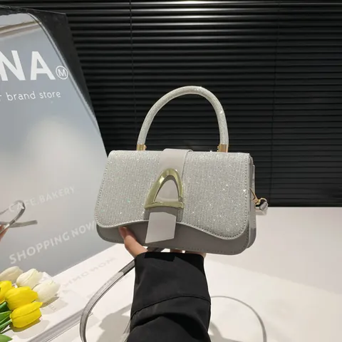 Borsa a Tracolla Piccola Quadrata in Pelle PU con Paillettes e Cuciture a Contrasto Fibbia a D in Metallo Dorato Elegante Borsa a Mano da Donna
