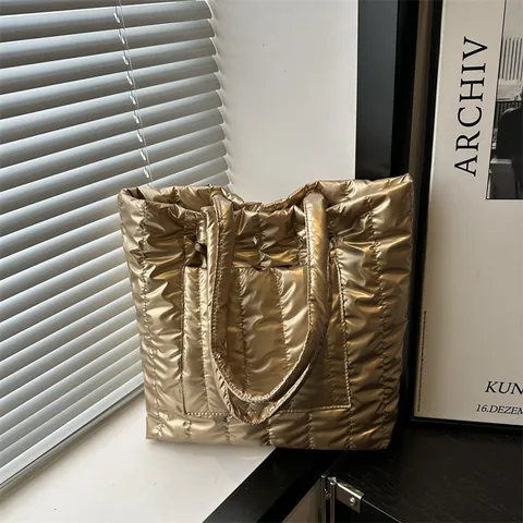 Women Large Capacity Quilted Puffer Tote Bag Metallic Shiny Fabric Shoulder Handbag Casual Autumn Winter Chic Travel Purse