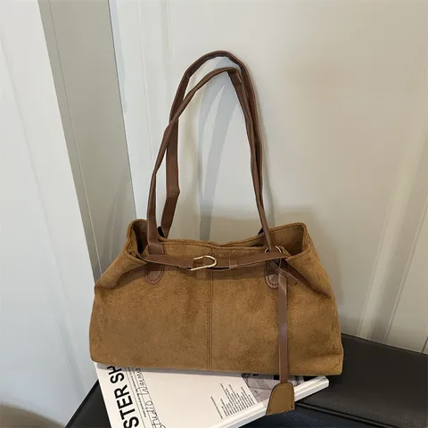 Retro Large Capacity Tote Bag Faux Suede Shoulder Handbag Women Commuter Office Bag Solid Color Magnetic Closure Purse