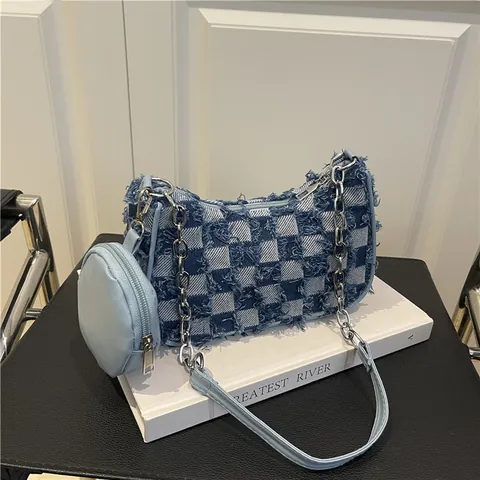 Borsa a Spalla Donna Retro Denim Fantasia Stelle Scacchiera Bordi Sfrangiati Catena Metallo Borsa Sottobraccio Con Borsellino Rotondo