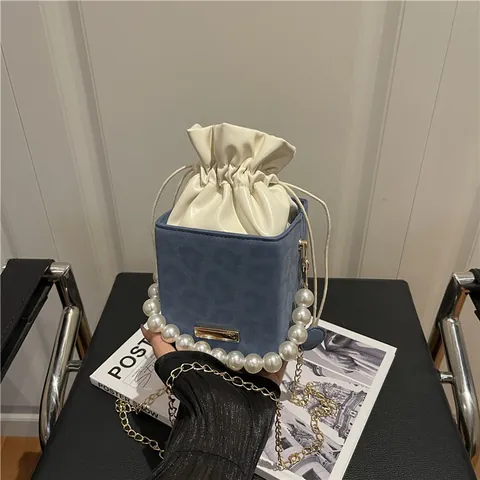 Bolso Cuadrado para Mujer Urbano Simple de Cuero PU Estampado Leopardo Asa Perlas Artificiales Cadena Metal Bolso de Hombro