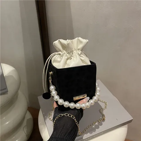 Borsa a Tracolla Quadrata a Forma di Scatola con Stampa Leopardata Manico di Künstliche Perle Catena in Metallo Oro Donna Elegante Mini Borsa a Secchiello