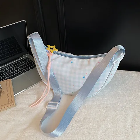 Women Plaid Dumpling Bag Star Print Fabric Half Moon Crossbody Bag Adjustable Shoulder Strap Casual Versatile Handbag