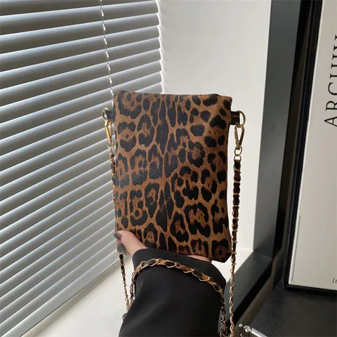 Borsa per Cellulare alla Moda con Stampa Leopardata Donna Borsa a Tracolla Vintage in Pelle PU con Catena d'Oro Mini Borsa