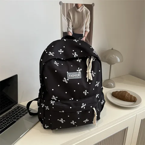 Mode Dames Schoolrugzak Met Strik En Stippenprint Grote Capaciteit Canvas Nylon Reisdagrugzak Voor Studenten Meisjes