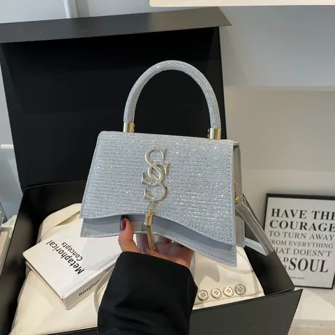 Luxus Glitzer PU Leder Hourglass Umhängetasche Für Damen Elegante S Metall Logo Quaste Schultertasche Party Handtasche