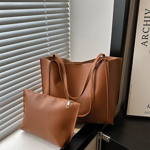 Sac Cabas En Cuir PU Grande Capacité Et Pochette Intérieure Pour Femmes Couleur Unie Sac À Épaule Minimaliste Sac À Main Bureau Quotidien