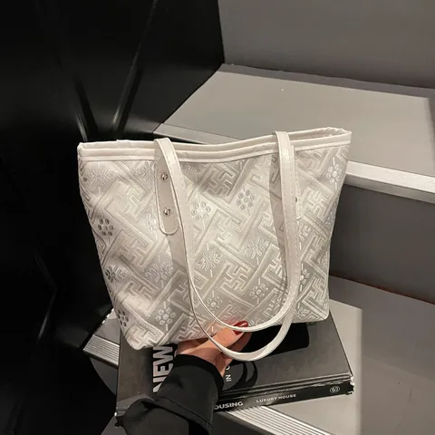 Women Vintage Geometric Floral Jacquard Tote Bag Minimalist PU Leather Strap Shoulder Bag Large Capacity Handbag Daily Carryall