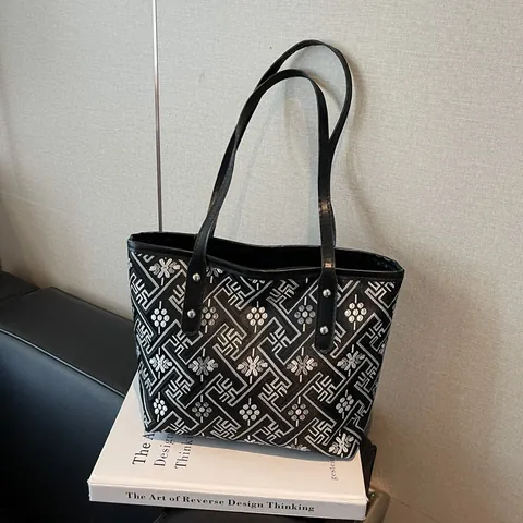 Women Vintage Geometric Floral Jacquard Tote Bag Minimalist PU Leather Strap Shoulder Bag Large Capacity Handbag Daily Carryall