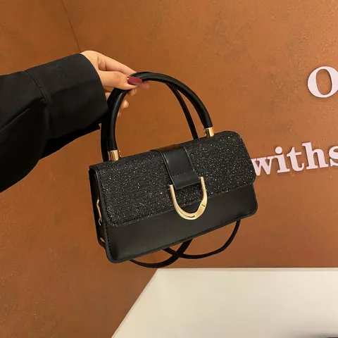 Damen PU Leder Umhängetasche Mit Glitzer Pailletten Klappe Gold D-Ring Schnalle Umhängetasche Mode Handtasche Alltagstasche