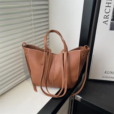 Damen Große Kapazität Lychee Muster PU Leder Tragetasche Mit Kontrastnähte Doppelgriff Schulter Pendeltasche