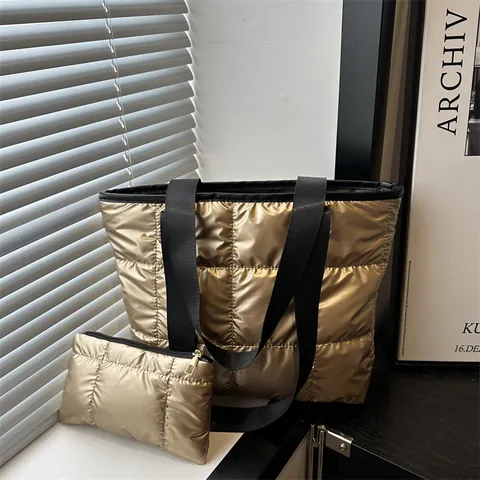 Metallic Quilted Puffer Tote Bag And Small Pouch Square Grid Shoulder Handbag Large Capacity Commuting Bag For Women