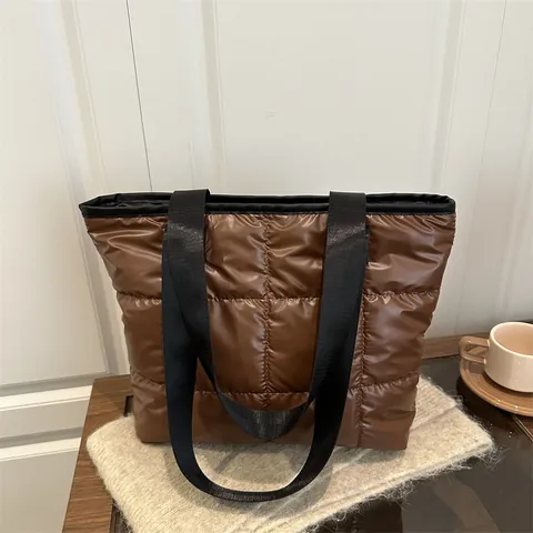Metallic Quilted Puffer Tote Bag And Small Pouch Square Grid Shoulder Handbag Large Capacity Commuting Bag For Women