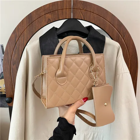 Women Fashion Quilted Rhombic Small Square Bag Set PU Leather Crossbody Bag With Mini Pouch Top Handle Handbag Urban Simple Shoulder Bag