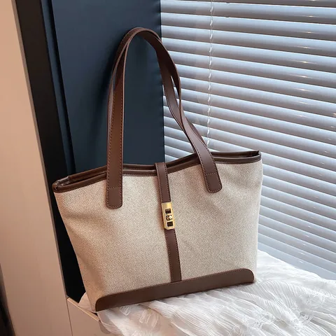 Women Fashion Canvas PU Leather Patchwork Tote Bag Large Capacity Commuter Shoulder Bag With Gold Buckle Minimalist Handbag