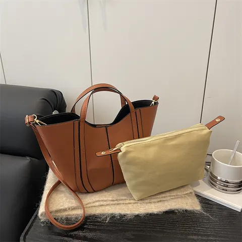 Sac Seau Femme Minimaliste en Cuir PU Et Pochette Intérieure en Toile Surpiqûres Contrastées Sac à Bandoulière Main