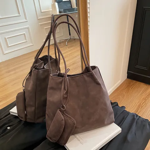 Sac Cabas Femme Grande Capacité En Cuir PU Et Mini Pochette Sac À Épaule Minimaliste Vintage Sac À Main De Navette