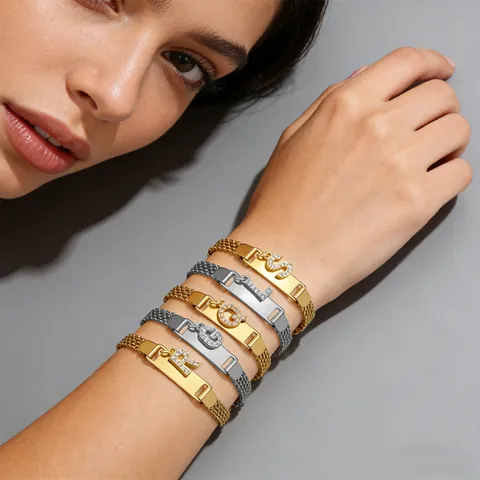Fashion Stainless Steel Mesh Chain Bracelet With Personalized Zirconia Alphabet Letter Pendant Gold Silver Plated Curved Plate ID Bracelet For Men Women Jewelry