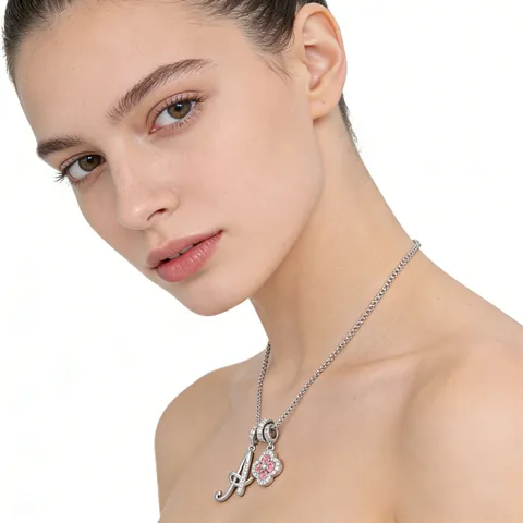 Personalized Copper Zirconia Letter Pendant Necklace With Pink Heart Clover Flower Dainty Jewelry For Women Gift