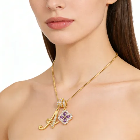 Alphabet Buchstabe Lila Blume Anhänger Halskette Damen Kupfer Zirkonia Kleeblatt Schmuck Gold Silber Plattiert Geschenk