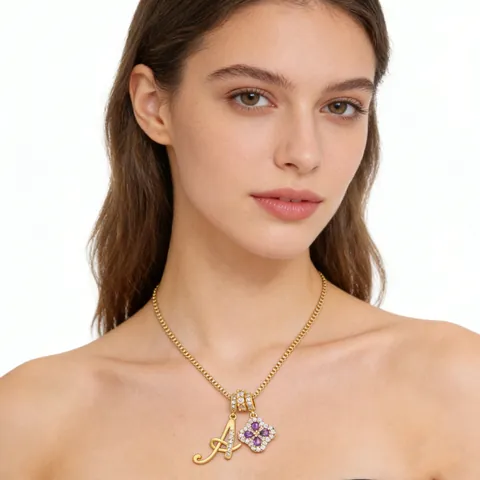 Alphabet Buchstabe Lila Blume Anhänger Halskette Damen Kupfer Zirkonia Kleeblatt Schmuck Gold Silber Plattiert Geschenk
