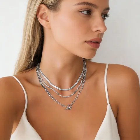 Stainless Steel Multi-Layer Necklace Set For Women Gold Silver Plated Herringbone Rope Paperclip Chain With Toggle Clasp