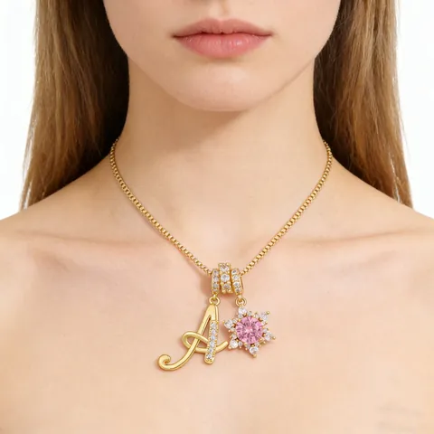 Fashion Gold Plated Copper Zirconia Initial Letter Necklace With Pink Snowflake Pendant Elegant Clavicle Box Chain Jewelry
